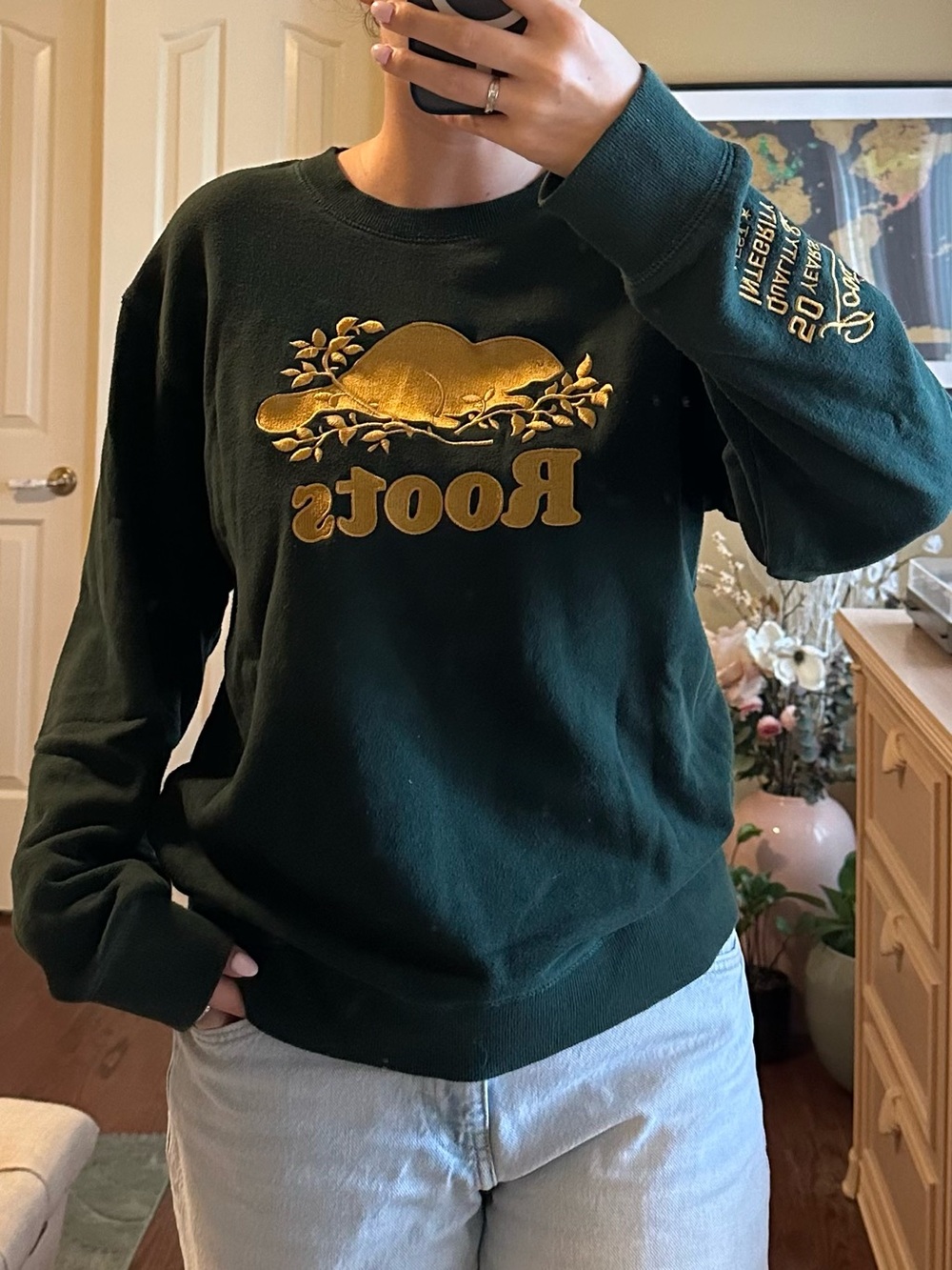 Roots 50th Annoversary Crewneck Sweater with Metallic Gold Embroidery